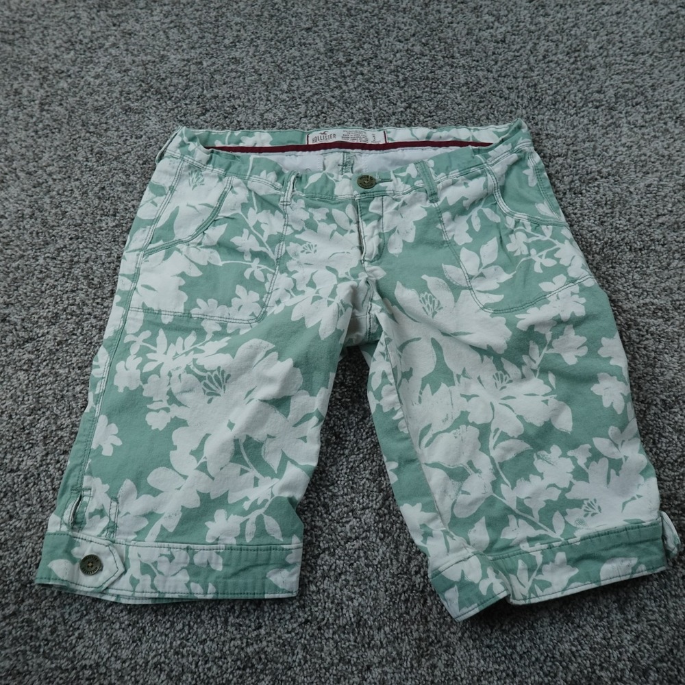 Hollister Shorts Womens 3 Green Floral Bermuda Chino Stretch Low Rise Preppy Y2K